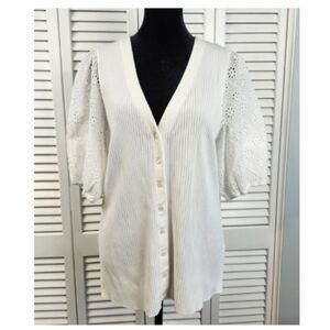 Boston Proper Large White Eyelet Lace Puff Sleeve Ribbed Button Top